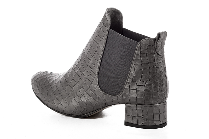 Ash grey women's ankle boots with buckles. Round toe. Low flare heels. Rear view - Florence KOOIJMAN